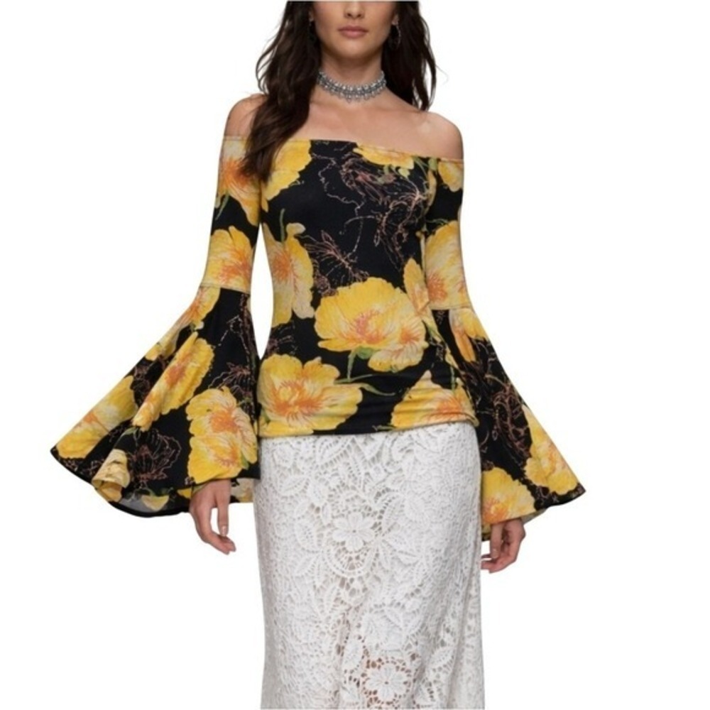 Free People Whimsigoth Boho Dark Floral Flowy Large Bell-Sleeve Blouse